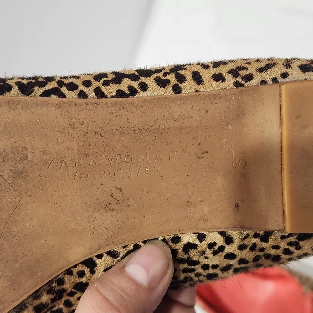 Zara Woman Animal Print Leather Ballet Flats Shoes Coral Red Bow US6.5/EU37